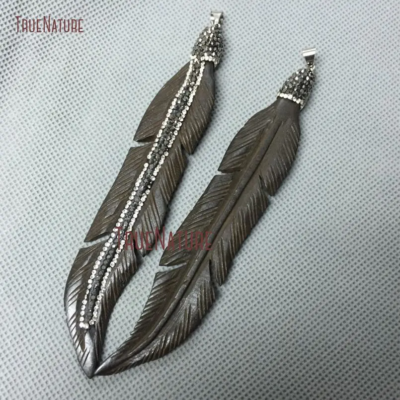 Black Ox Bone Feather Pendant Gunmetal Rhinestone Pave PM3084 | Украшения и аксессуары