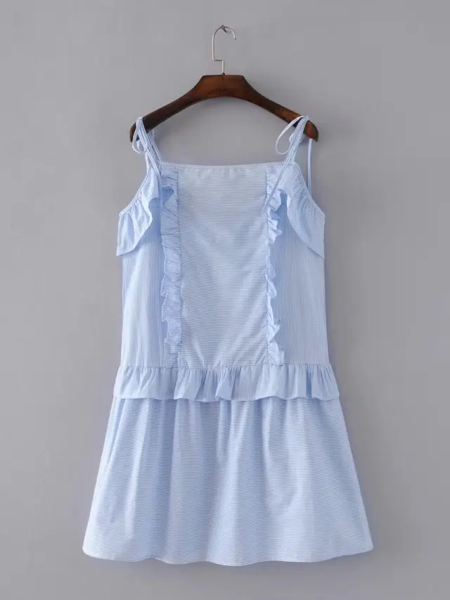 2017 лето новый европейский стиль моды для женщин синий белый полосатый оборками