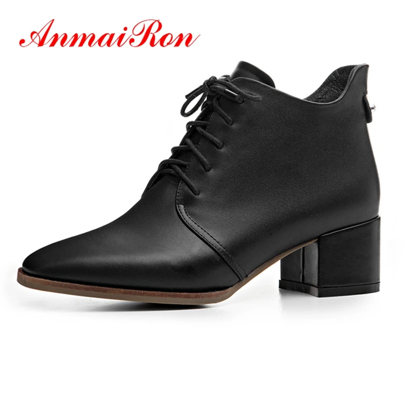 

Женские ботинки на шнуровке AnmaiRon, простые ботильоны с квадратным носком, зимние модные ботинки, размеры 34-40, LY250, 2018