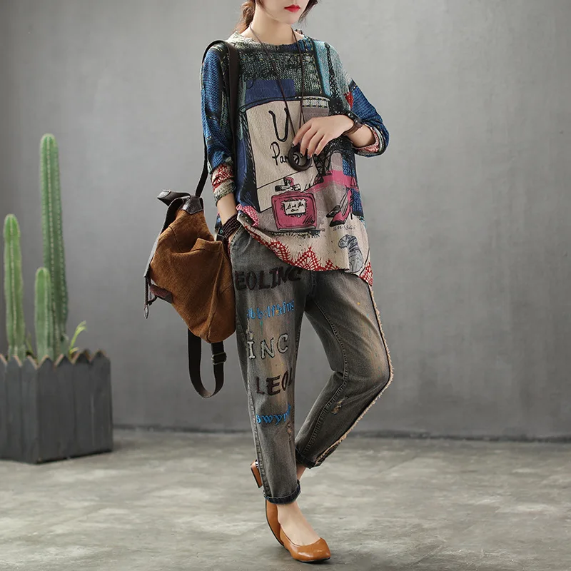 Summer Autumn Sweater Women Retro Loose Print Pattern Pullovers Tops New Ladies O-Neck Casual Streetwear Blended | Женская одежда
