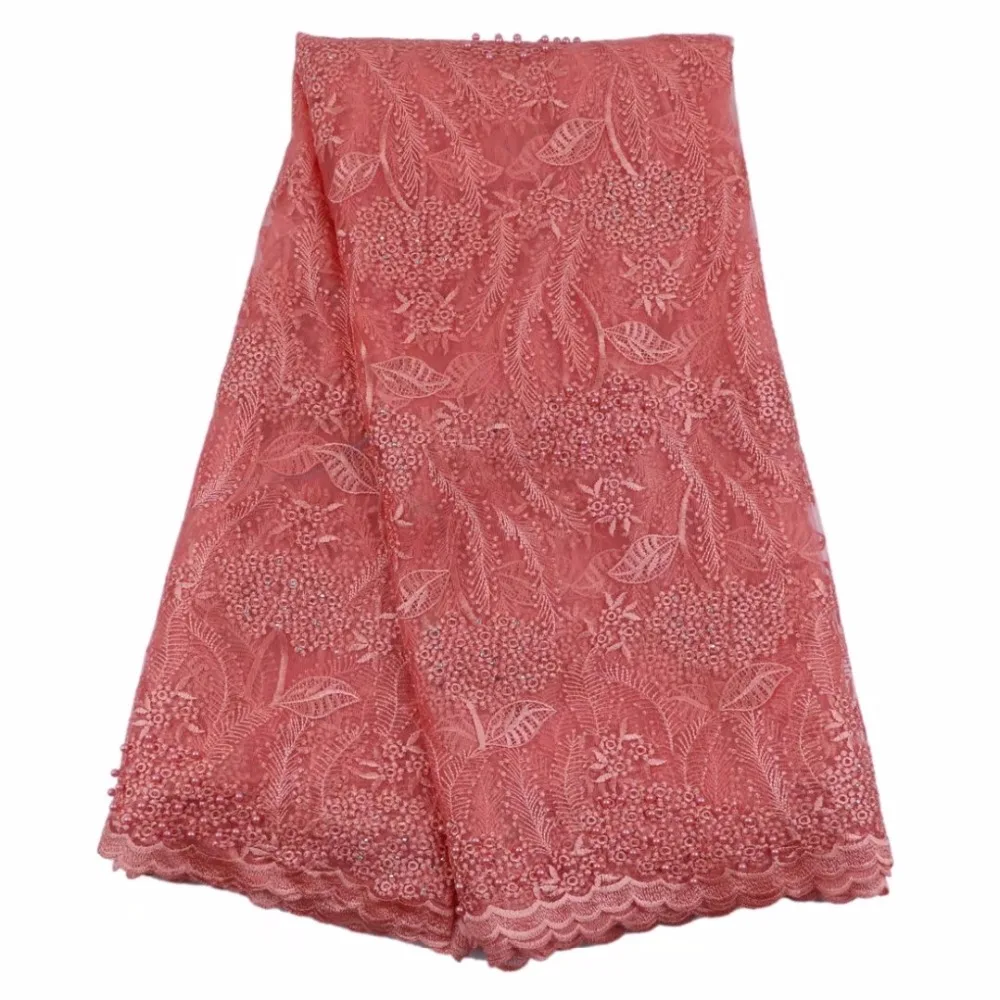 Розовый французский шнурок ткани с бисером и камнями сетка тюль высокого