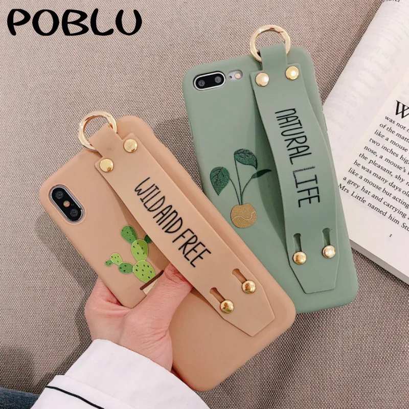 POBLU Cute Cactus Leaf Plant Case For iphone XR XS Max Wrist Strap Hand Band Soft TPU Back Phone Cover 6s 7 8 Plus |