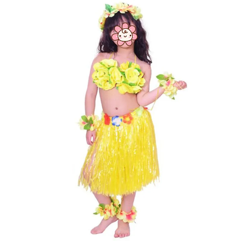 Hawaii Flower Lei, повязка на голову, ожерелье с гирляндой хула, повязка на ногу, юбка с травой, бюстгальтер, детский летний праздничный костюм для девочек