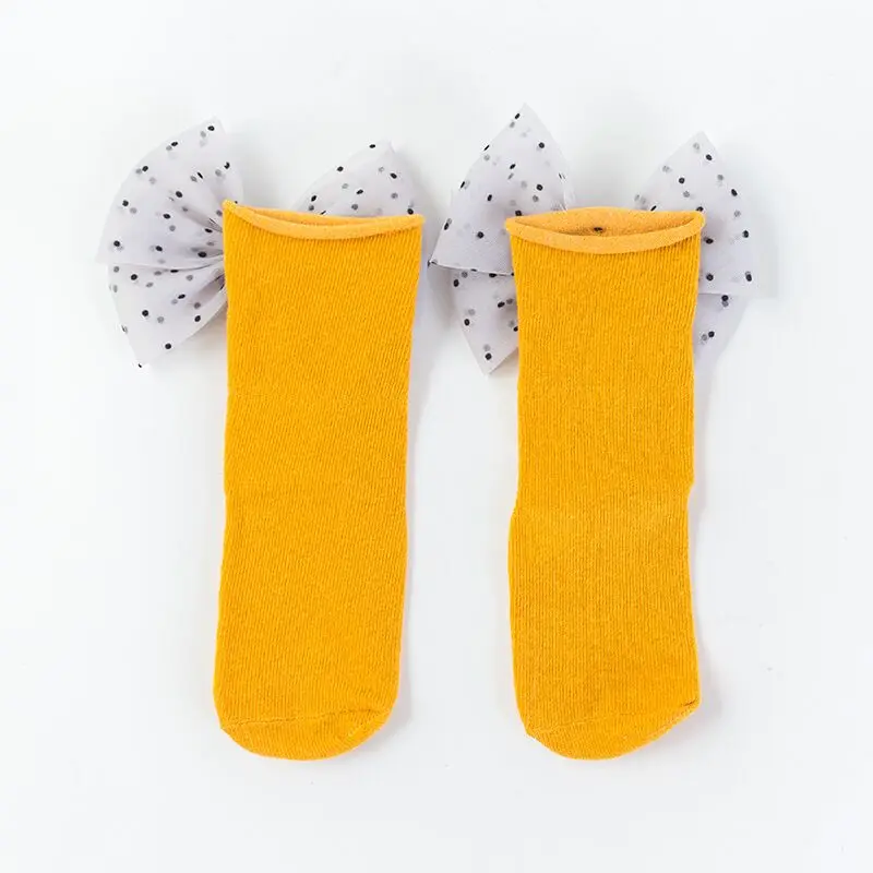 Yellow Dot Bow Носки для маленьких девочек с бантиками; милые кружевные носки принцессы для девочек; носок с оборками; хлопковые носки для малышей; летние детские носки - Color: Yellow Dot Bow