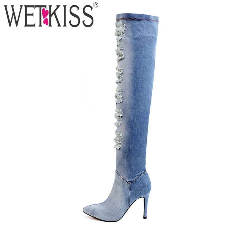 WETKISS/2018 пикантные женские джинсовые сапоги выше колена на высоком каблуке с