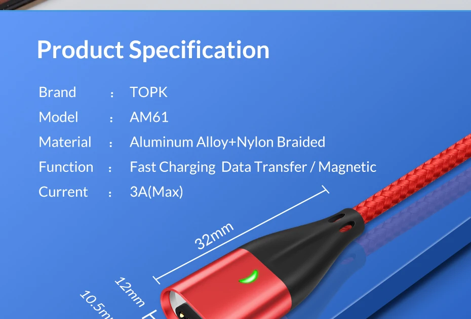Магнитный кабель TOPK 1M 3A type-c для быстрой зарядки Xiaomi Redmi Note 7, usb-кабель для samsung huawei type-C, кабель для передачи данных