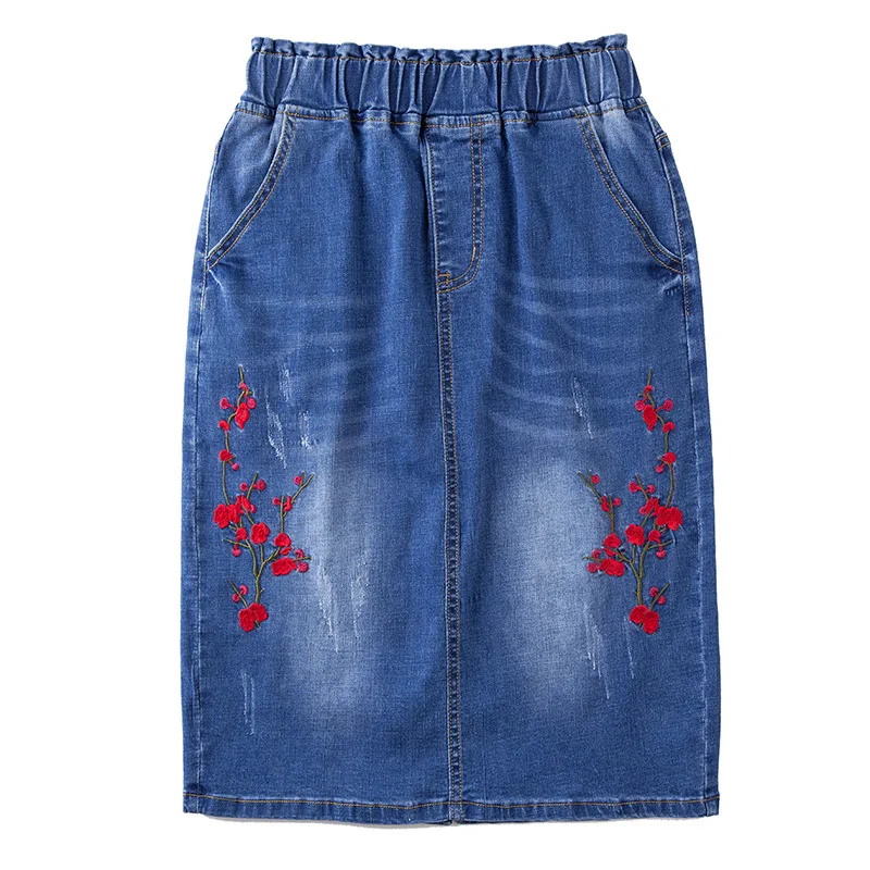 Fashion Denim Skirts Womens High Waist Embroidery Pockets Button Skirt Female 2019 Summer Casual | Женская одежда