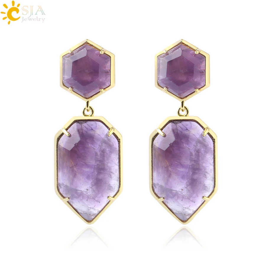 Amethyst CSJA полигоны кристалл серьги гвоздики для женщин золотой цвет длинные сережки с натуральным камнем фиолетовый белый кварц черная бижутерия из оникса F780 - Окраска металла: Amethyst