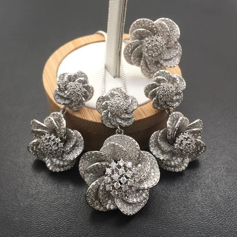 white Micro Plated Lanyika, ювелирный набор, яркая спираль, стерео, цветы, ожерелье с серьгами и кольцом, кубический циркон, микро проложили, вечерние, подарок для невесты - Окраска металла: white Micro Plated