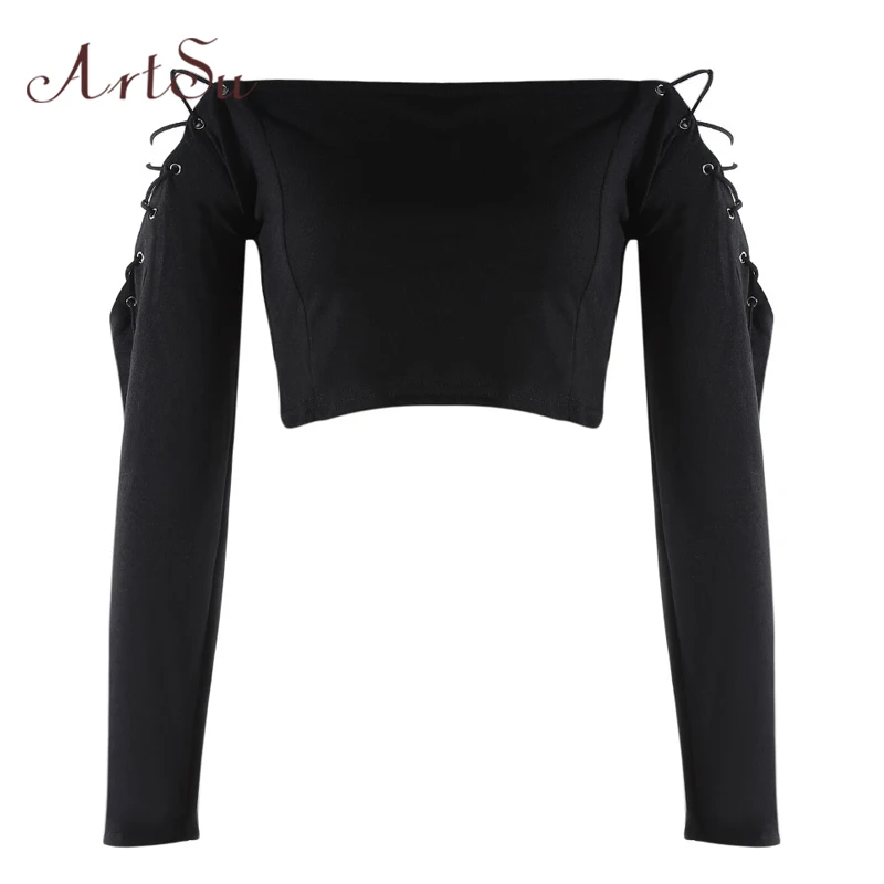 Кроп-Топ женский однотонный на шнуровке с длинным рукавом и воротником-лодочкой |