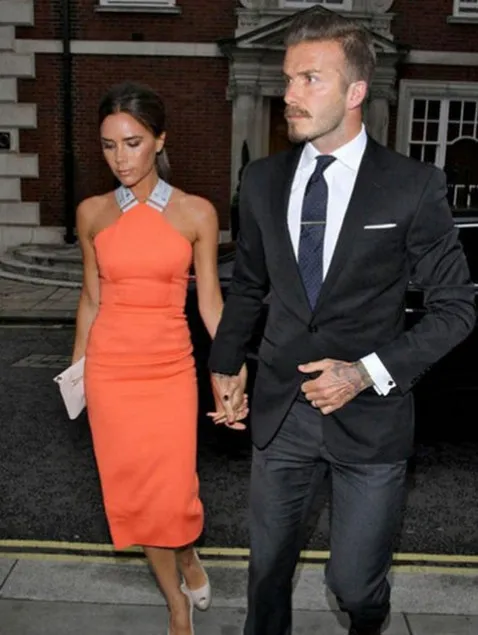 Free Shipping Celebrity Victoria Knee-Length Sleeveless Orange&ampWhite Bodycon Dress Women Party Dresses New Fashion 2014 | Женская
