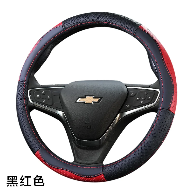 Верхний слой кожаный руль чехлы для Chevrolet Cruze Spark Sonic Aveo болт вольт Malibu Impala Caprice Camaro Trax/трекер - Название цвета: blackwith red