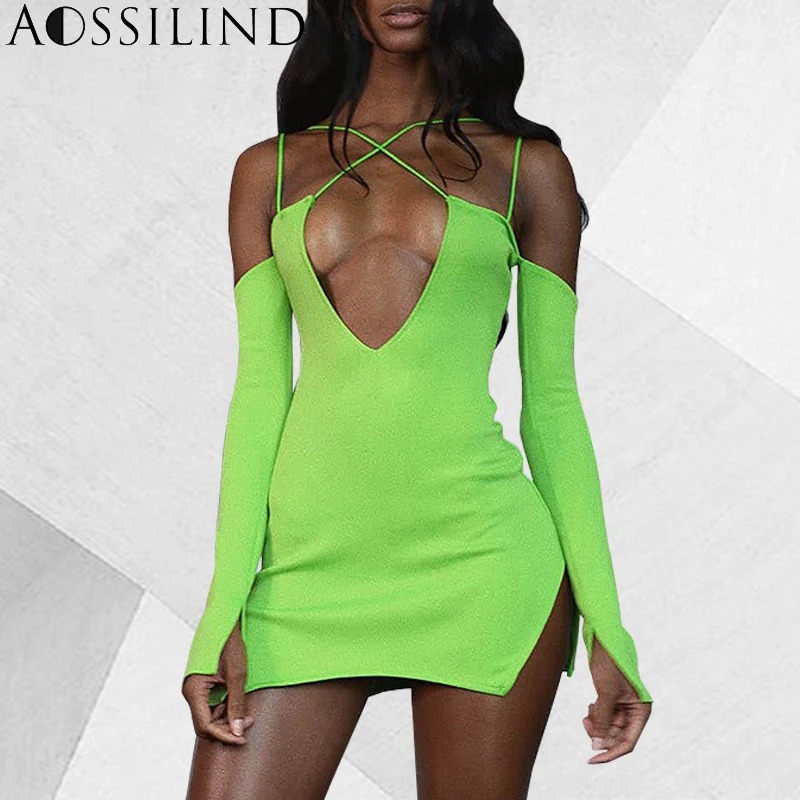 AOSSILIND флуоресцентный зеленый ремень Мини Bodycon Платье женское с длинным рукавом