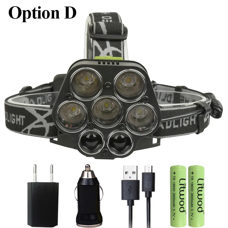 Option D Litwod z25 Мощный светодиодный головной фонарь для охоты, рыбалки, налобный фонарь, перезаряжаемый вспышка, светильник, налобный светильник 30000LM 5* T6 фонарь - Испускаемый цвет: Option D