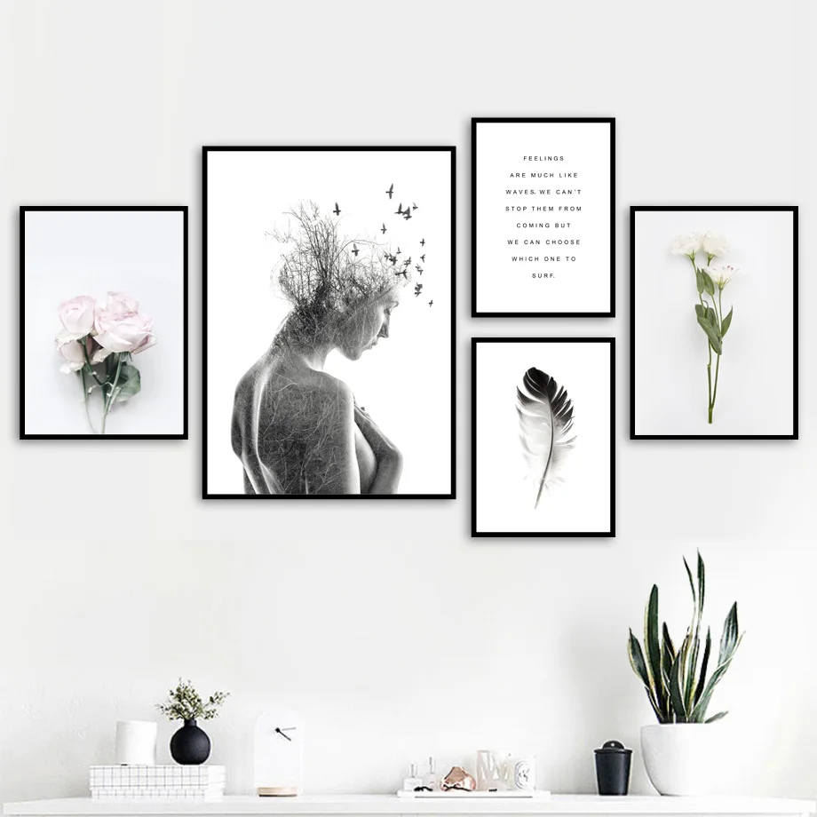 Девушка Птица Цветок перо пейзаж цитаты стены искусства холст живопись плакаты
