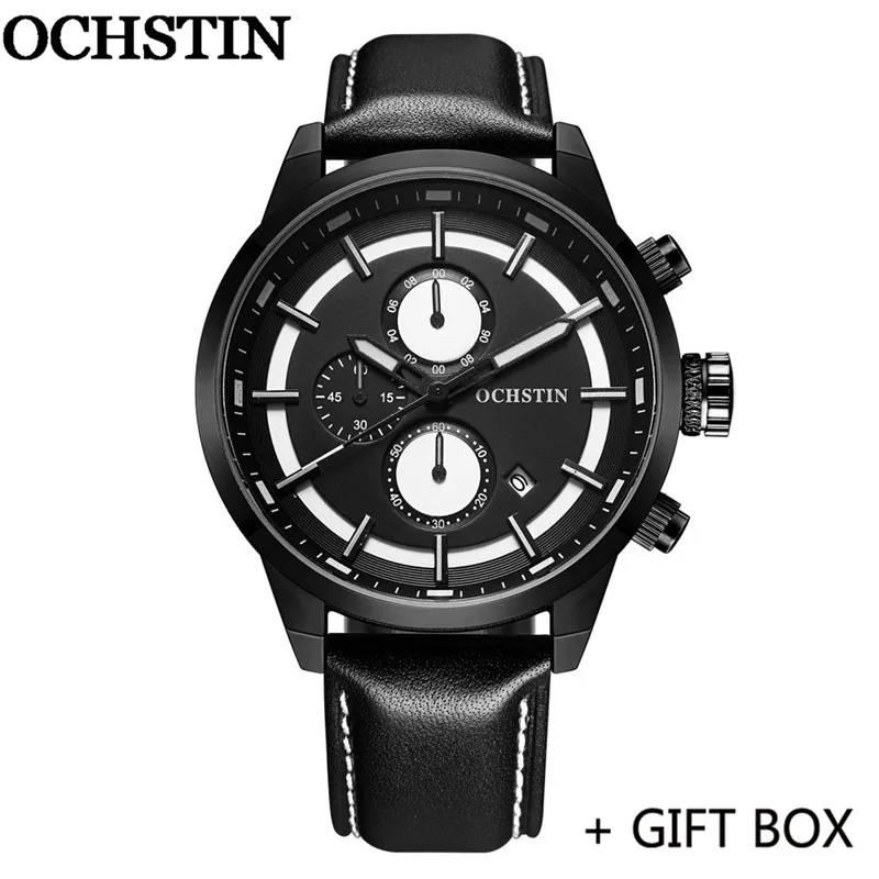 GQ049B02 with box OCHSTIN мужские наручные часы Топ люксовый бренд Хронограф Календарь из натуральной кожи мужские Кварцевые военные армейские часы спортивные мужские часы 049 - Цвет: GQ049B02 with box