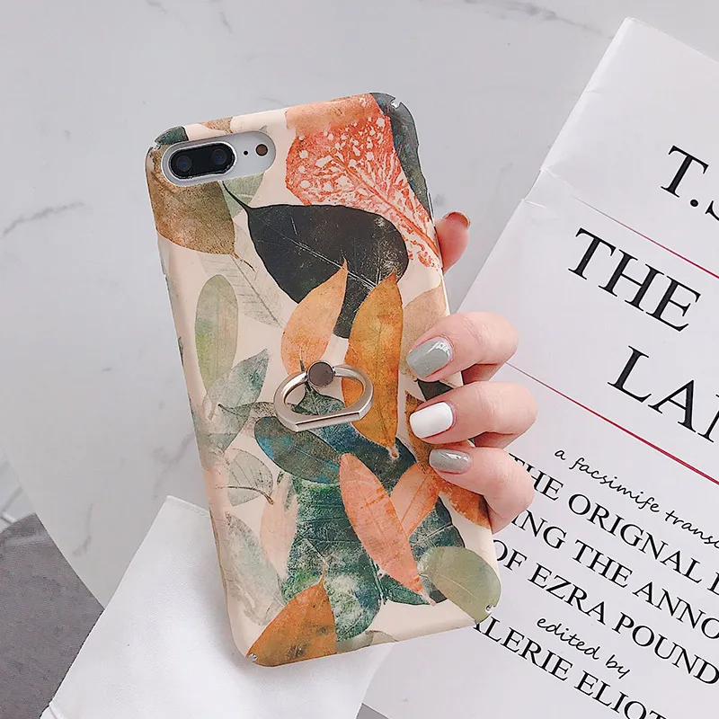 IK68-OLeafChengLv SoCouple чехол с кольцом для iphone X 11 Pro Max чехол для iphone XR Xs max 7 8 6 6s plus растительный лист узор накладка держатель для телефона - Цвет: IK68-OLeafChengLv