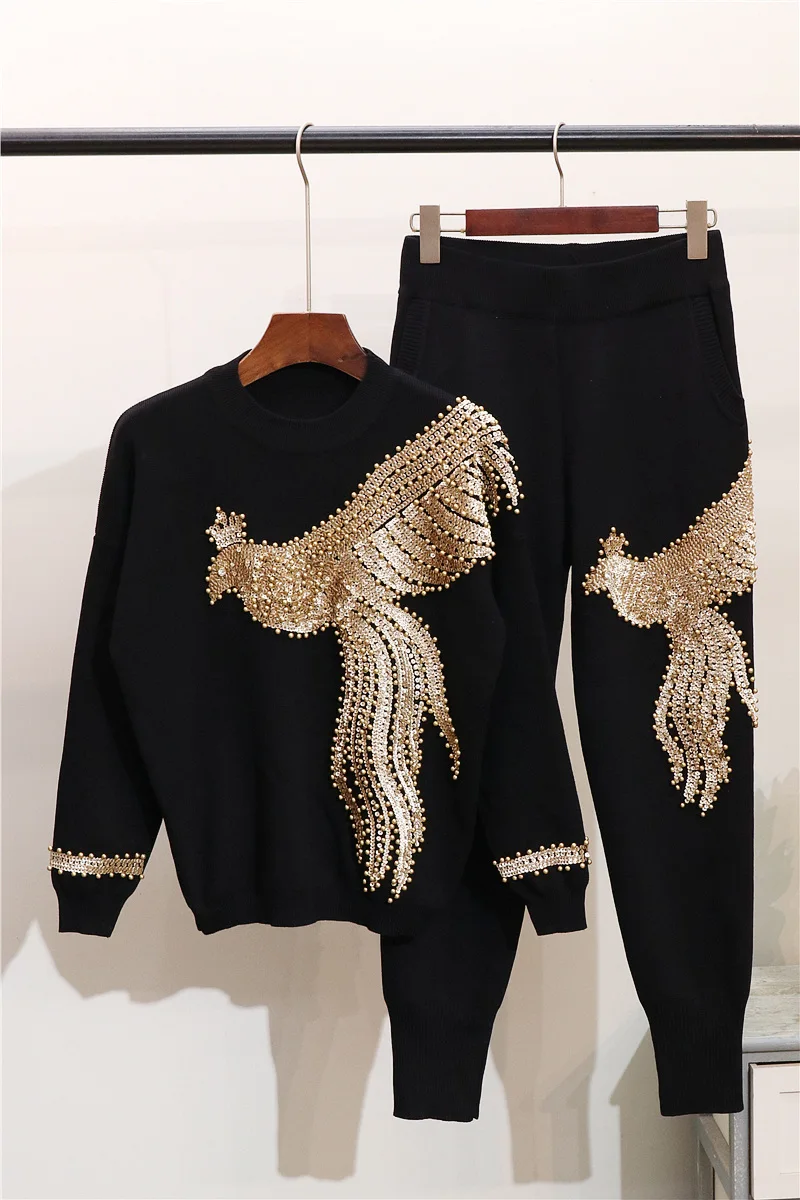 ALPHALMODA 2018 Европейский вышитый бисером блестящий феникс Женский костюм комплект