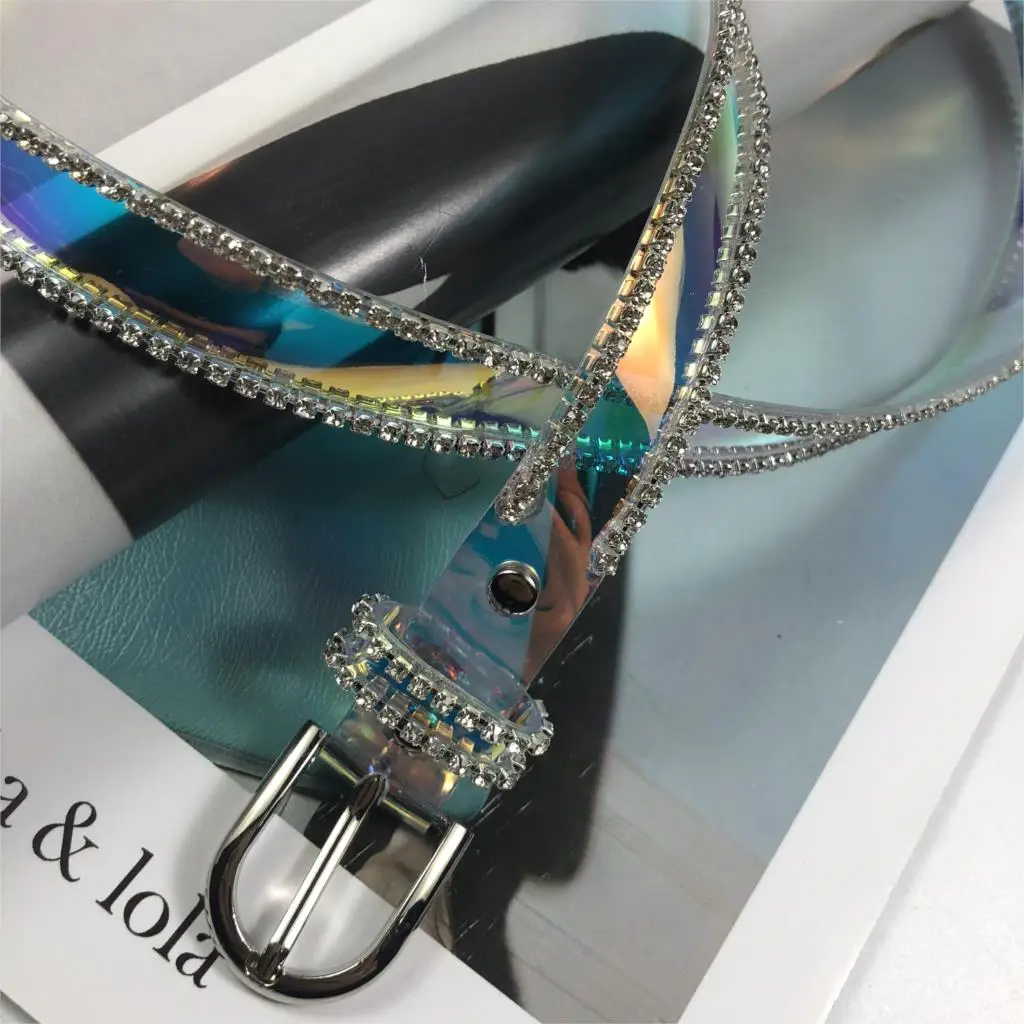 

2020 Real Gg Cinto Hombre Mujer Fashion Belt Transparent Laser Rhinestone Thin Pin Buckle Decoration Ladies Belts For Dresses