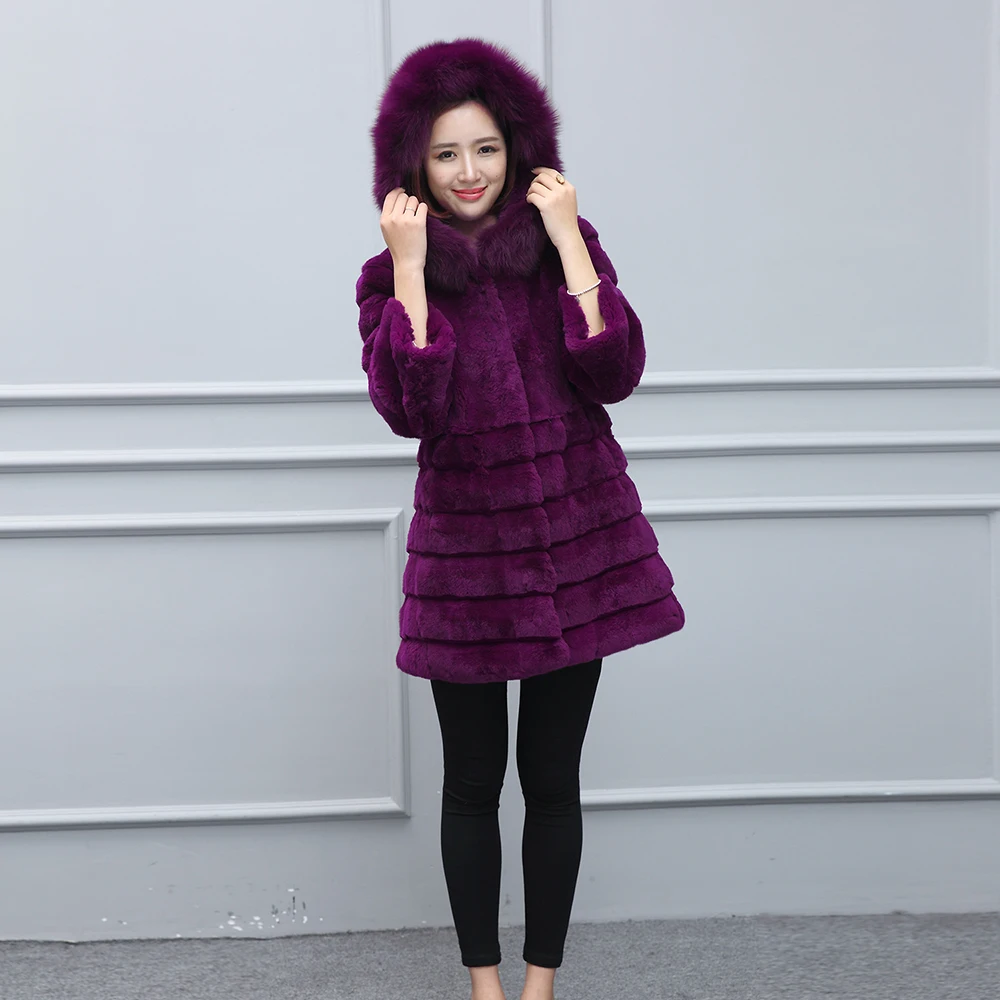 Real fox fur collar hooded natural rex rabbit coats outerwear women wave cut whole skin jackets plus size S - 4XL | Женская одежда