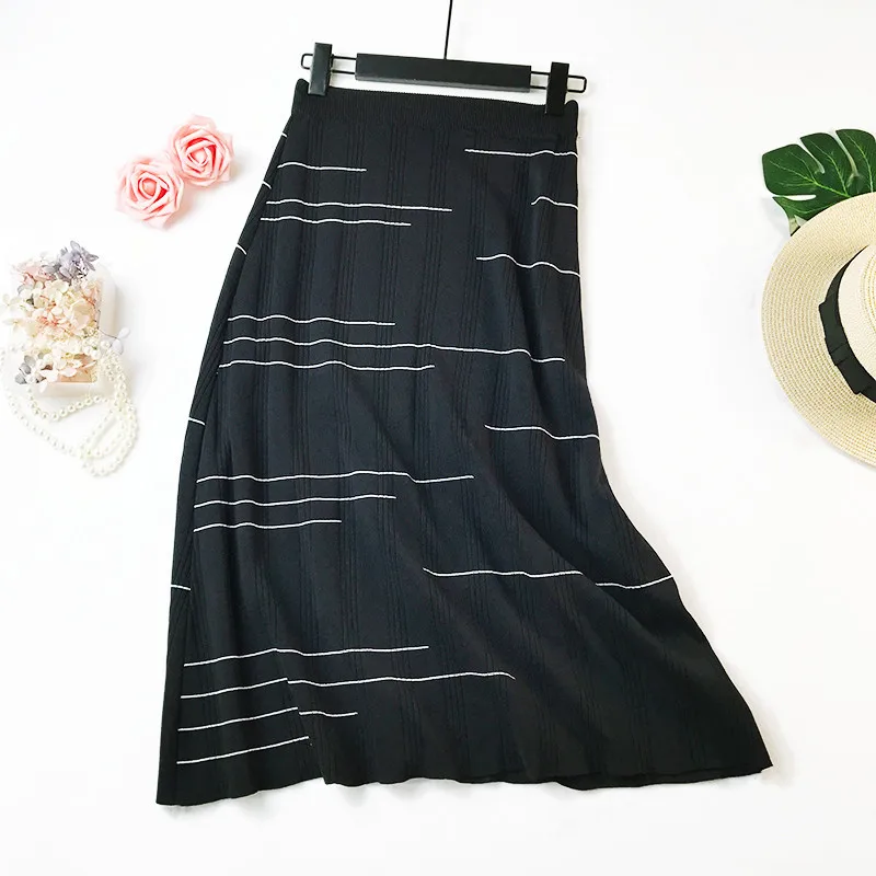 

Вязаная юбка 2018, повседневная Осенняя Полосатая юбка с высокой талией, длинная сумка, юбки на бедрах