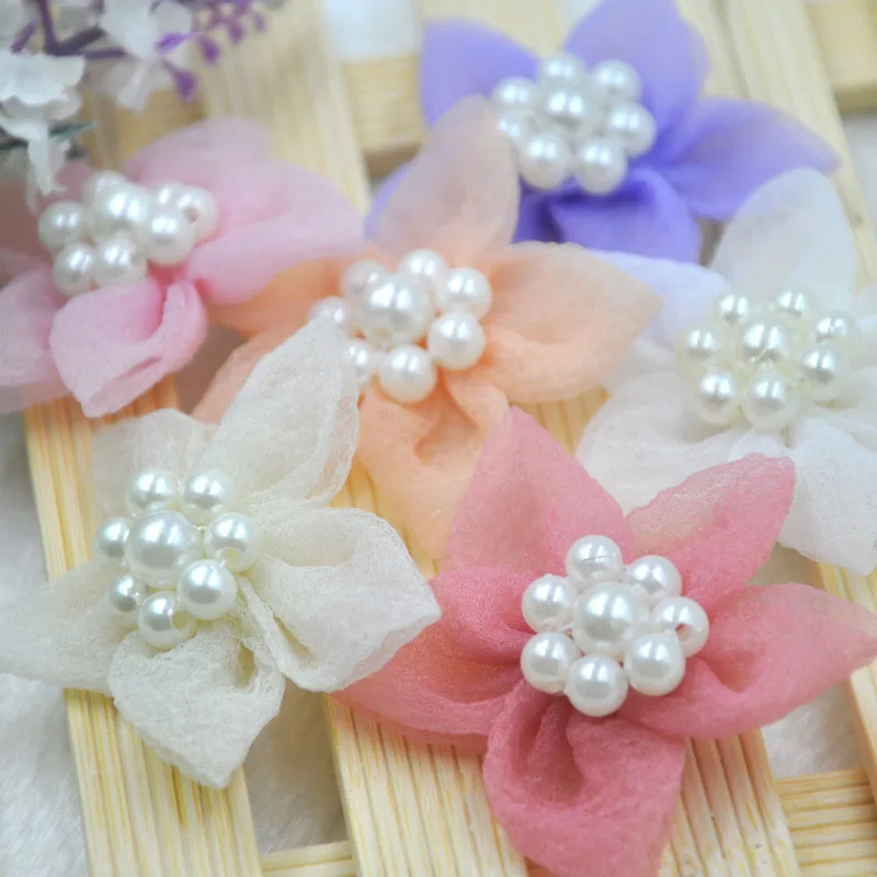 

6CM 20pcs Organza Satin Ribbon Flowers Rose /Pearl Craft Wedding Decor A299