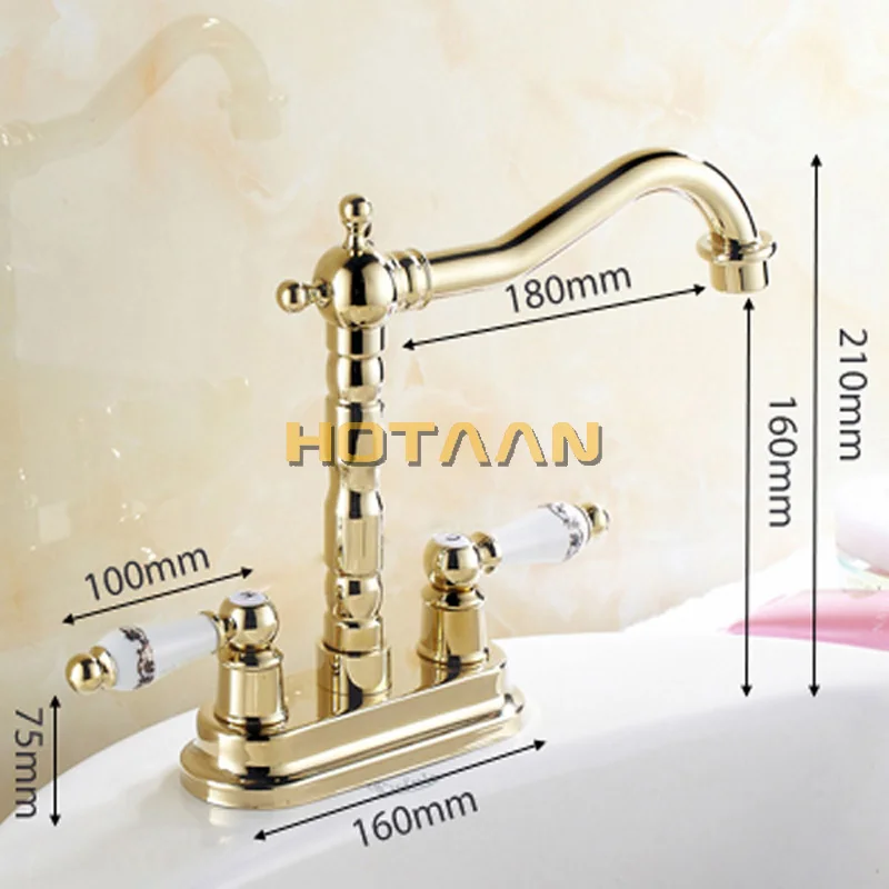 

Free shipping Gold color bathroom basin faucet brass Dual handle tap hot and cold mixer banheiro torneira vanity tap YT-5067