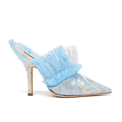 blue 8 cm heel Роскошные атласные женские тапочки на высоком каблуке с оборками; туфли на шпильках с острым носком; Прозрачная женская плиссированная обувь из ПВХ в белый горошек - Цвет: blue 8 cm heel