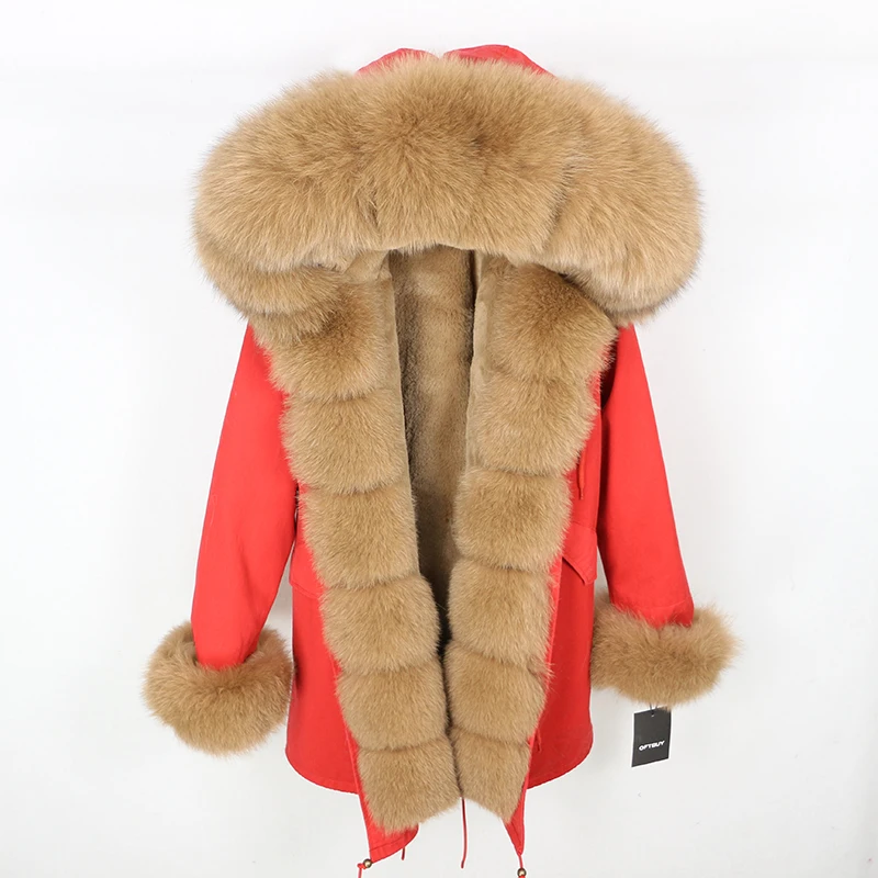red light brown Brand Real Fur Coat Fashion Winter Jacket Women Natural Real Fox Fur Collar Loose Long Parkas Big Fur Outerwear Detachable - Цвет: red light brown