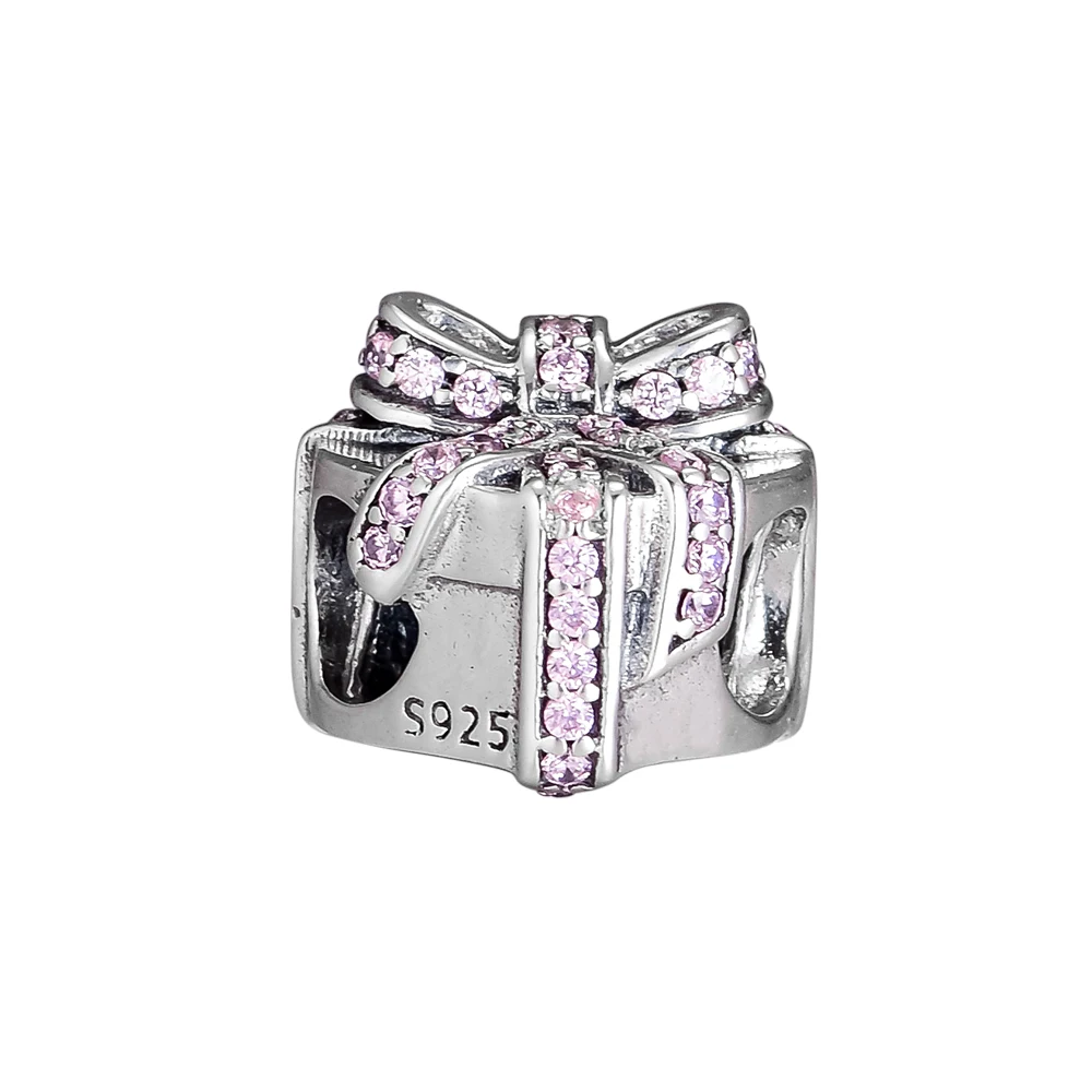 Fits Pandora Charms Bracelets Heart Present Beads with Pink CZ 100% 925 Sterling Silver Jewelry Free Shipping | Украшения и
