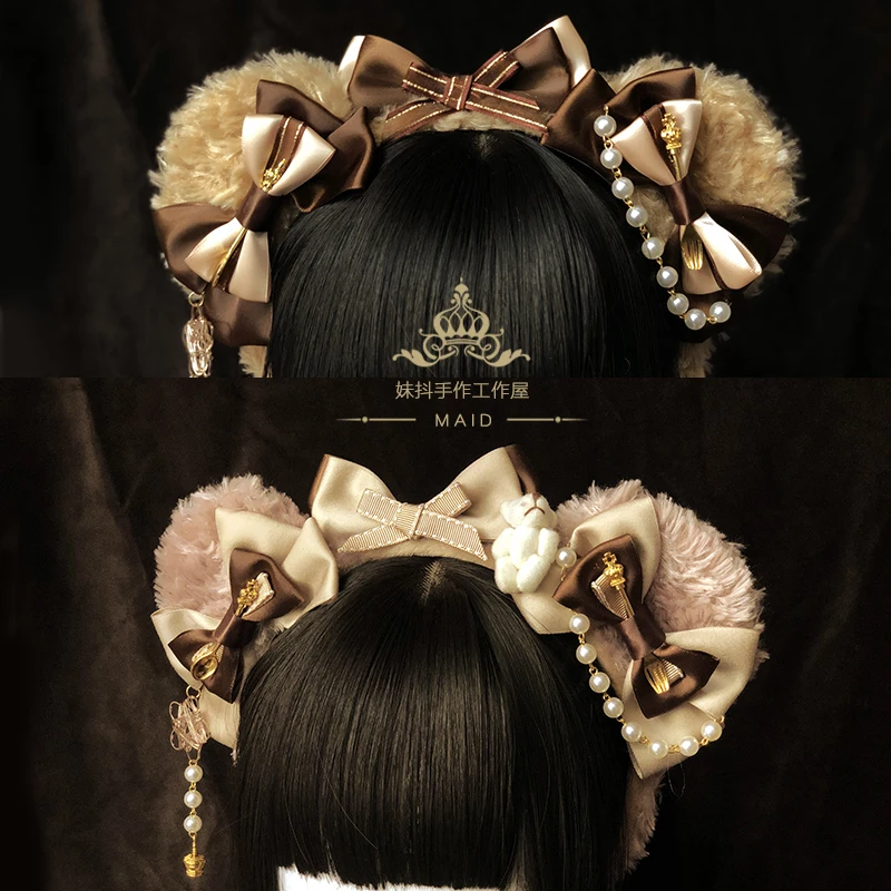 

Cute Bear Ears Handmade Headwear Hairband KC Lolita Bows Sweet Kawaii Cosplay Pink Brown