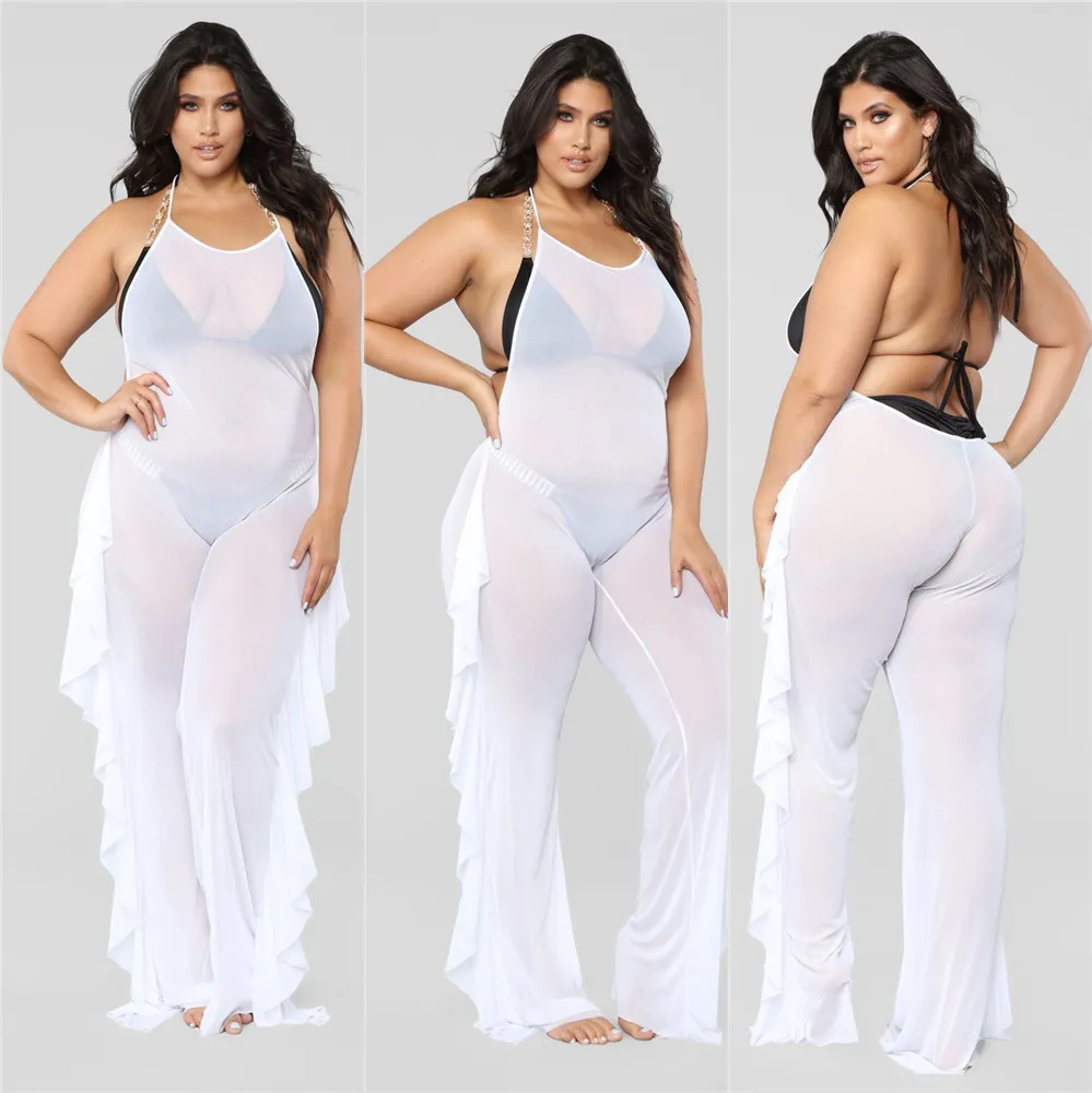 Для женщин Сексуальная See Through Jumsuit Клубная одежда плюс Размеры спинки халтер вечерние комбинезон плиссированные оборки длинные брюки
