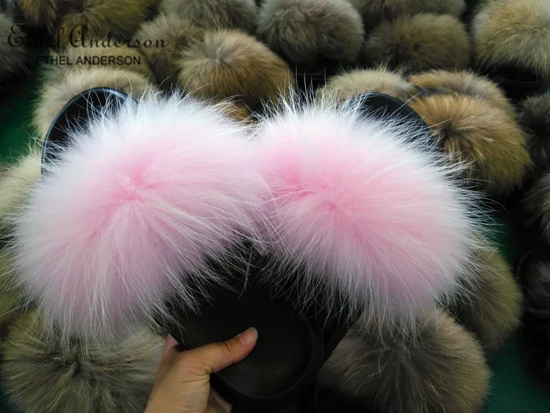 Top Selling Real Fur Slippers Slides Women Summer Plush Fox Flip Flops Holiday Fluffy Raccoon Fur Sandals Shoes