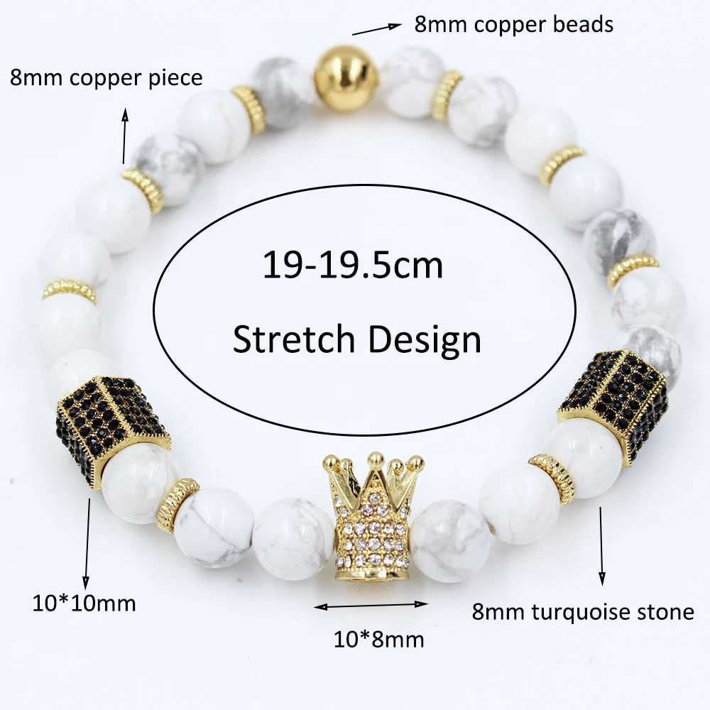 Модные черные, белые бусины из камня Howlite, золотые, сплав, Хрустальная корона, шестигранный браслет, наборы для женщин и мужчин, Парные браслеты, ювелирные изделия