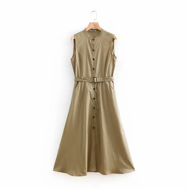 2019 Новый женский стиль сафари О-образным вырезом без рукавов Пояса длинное