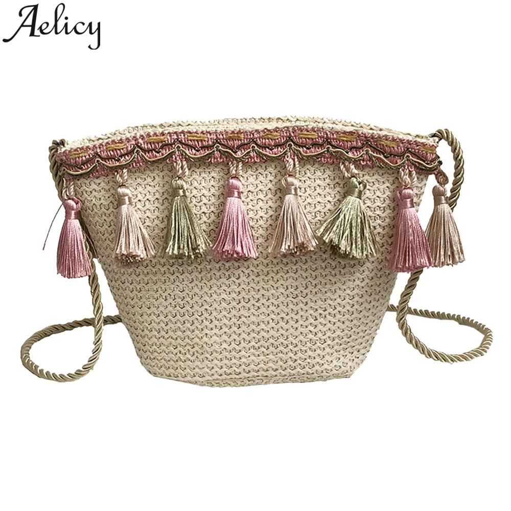Женские сумки через плечо Aelicy плетеные с кисточками пляжная сумка для мобильного