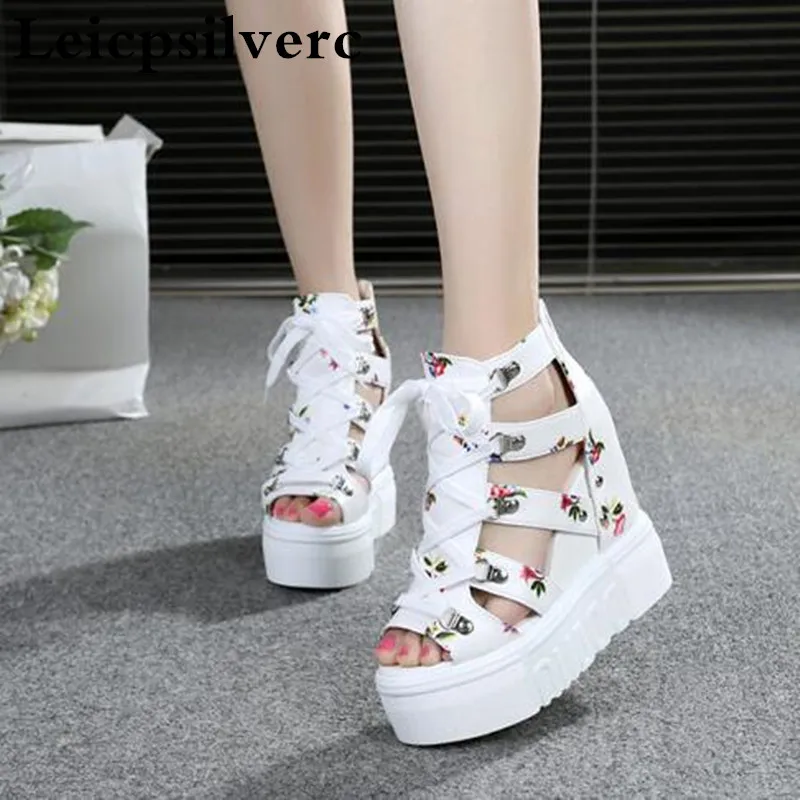 

Spring and summer floral cross straps ultra high heel women sandals with fish mouth women shoes Rome slope