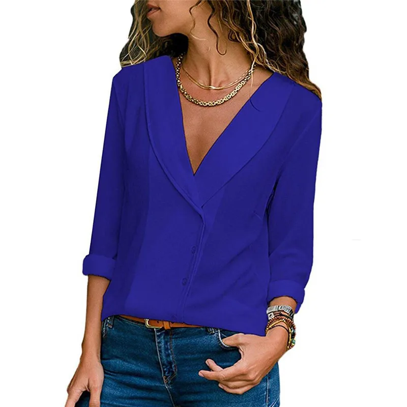 S-2XL women autumn winter spring chiffon blouse v neck long sleeve women shirts pure color office work shirt