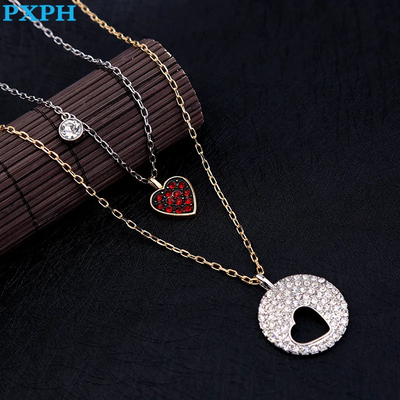 Ретро двойной Слои кристалл сердце любовь длинный кулон Цепочки и ожерелья для