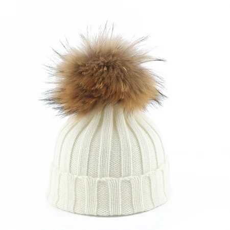 Большой Мех Pom pom Beanie шапки дети девочки мальчики теплая вязаная зимняя детская шапка настоящий енот шапка с меховым помпоном - Цвет: Белый