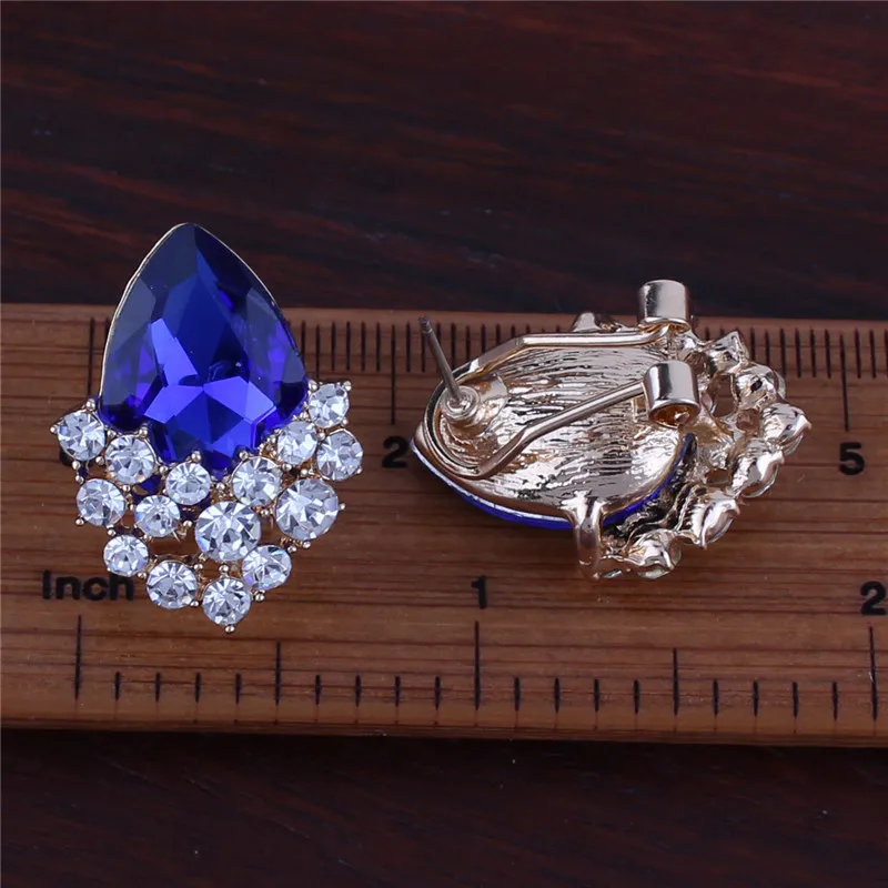navy blue pierced Корейский стиль, Кристальные стразы, в форме капли воды, клипсы, серьги без пирсинга для женщин, Свадебные Роскошные серьги с застежкой - Окраска металла: navy blue pierced