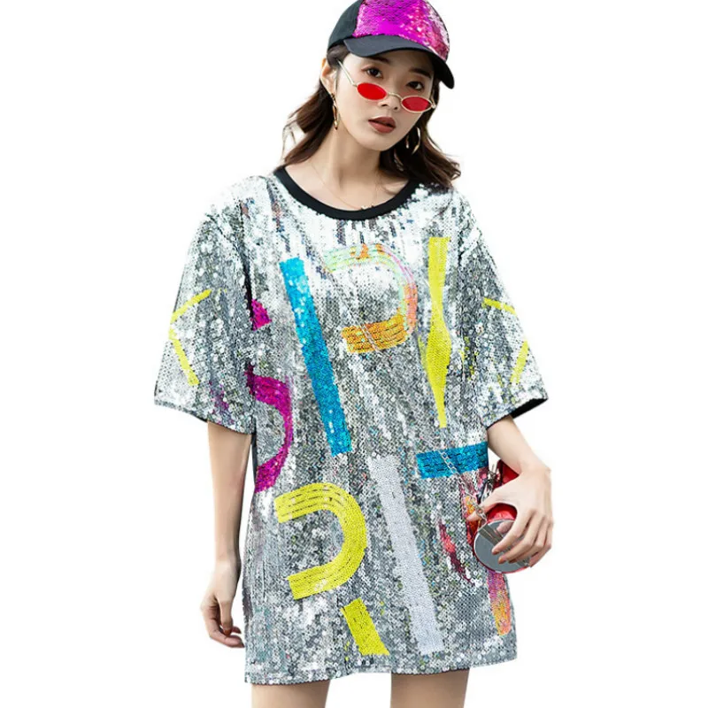 Женские свободные футболки с пайетками летние коротким рукавом и бисером