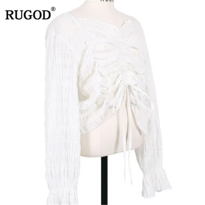 

RUGOD Chiffon Elegant Solid Women Blouses Flare Sleeves V Neck Middle Pleated Slim Vintage Korean Style Modis Femme Blusas mujer