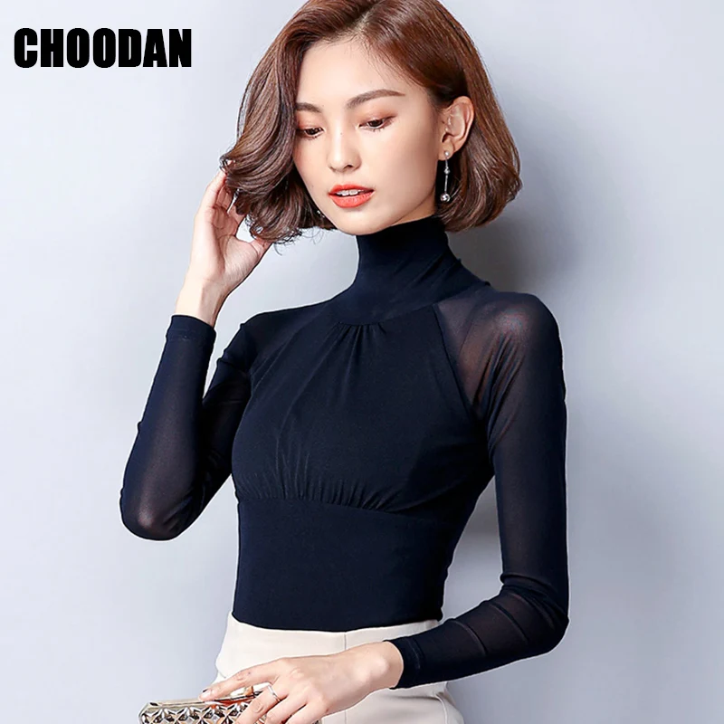 Elegant Blouse Long Sleeve Turtleneck Autumn Winter 2018 England Style Pleated Basic Shirt Fitness Full Mesh Tops Women |
