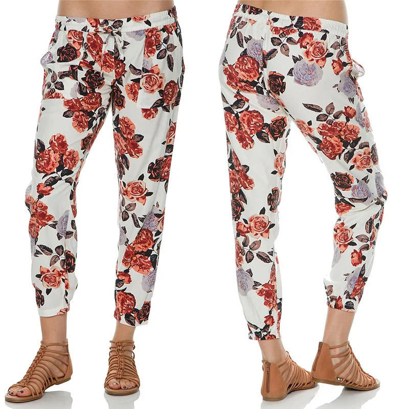 Богемный Стиль Женские Брюки Шаровары Лето 2016 Цветочный Принт Плоским Лодыжки