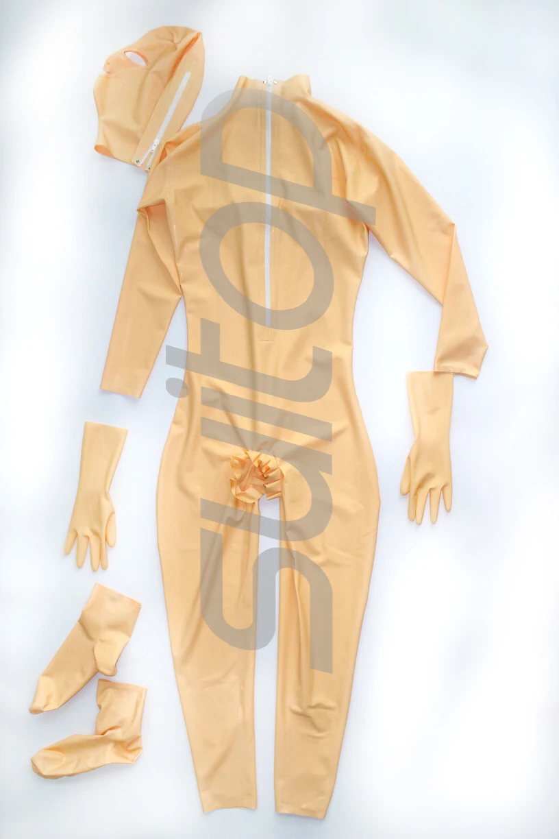 Облегающий латексный комбинезон zentai с объемным бюстом телесного цвета размеры