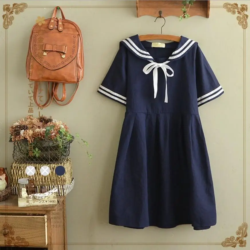 Japanese Mori Girl navy wind stripe streamer short sleeve bow dress female 2018 summer new slim was thin O-neck cotton dressL402 | Женская