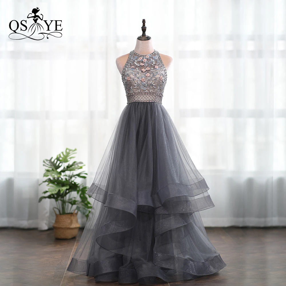QSYYE вечернее платье с лямкой на шее для выпускного вечера серое объемными цветами