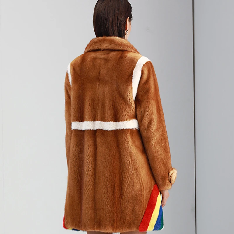 LVCHI Winter 2019 Real Mink Fur Coats Women's Patchwork Color Coat Full Pelt Contrast Color Turn-Down Collar Long Mink Coats