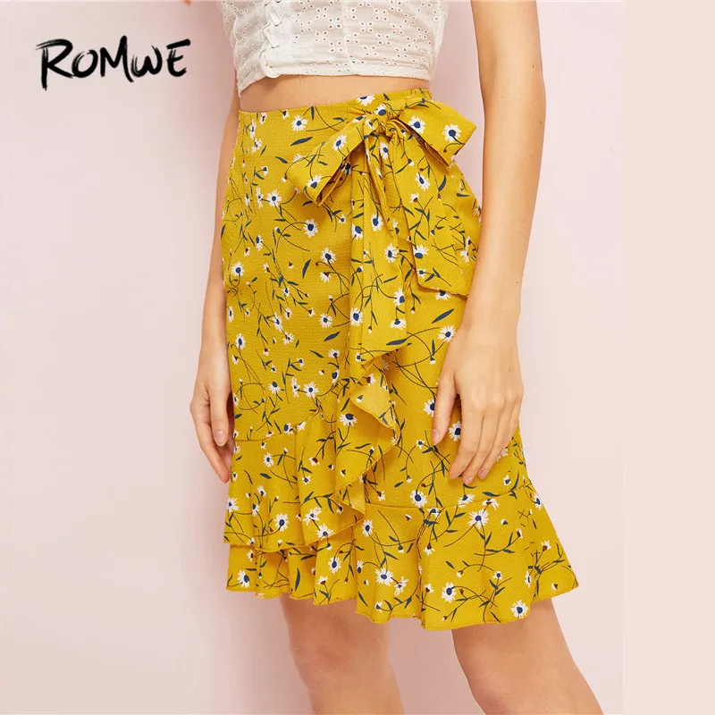 ROMWE Boho/желтая юбка с рюшами и цветочным принтом, с завязками на подоле, короткие юбки для отдыха, женские юбки до середины талии, выше колена, Облегающие юбки с цветочным узором